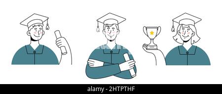 Happy graduate students with diploma and award. Cartoon style. Outline vector illustration, isolated on white background Stock Vector