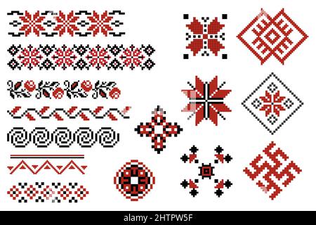 Set of editable Ukrainian traditional seamless ethnic patterns for embroidery stitch. Vintage floral and geometric ornaments. Stock Vector