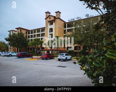 Kissimmee, Florida - February 6, 2022: Ultra Wide View of Apartment Building in Holiday Inn Resort. Stock Photo