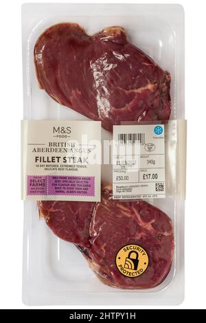Pack of British Aberdeen Angus Fillet Steak from M&S isolated on white background with security protected sticker Stock Photo