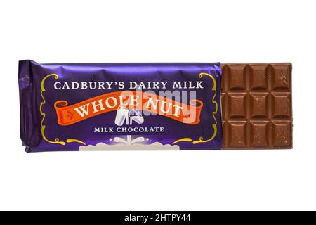 Bar of Cadbury's Dairy Milk Whole Nut milk chocolate bar opened to show contents isolated on white background Stock Photo