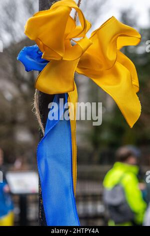 Cork, Ireland. 2nd Mar, 2022. Around 100 people gathered in Bishop Lucey Peace Park in Cork city today, in solidarity with the people of Ukraine. The Cork Lore Mayor, Cllr. Colm Kelleher, laid a wreath and tied a ribbon to the gates of the park. Credit: AG News/Alamy Live News Stock Photo