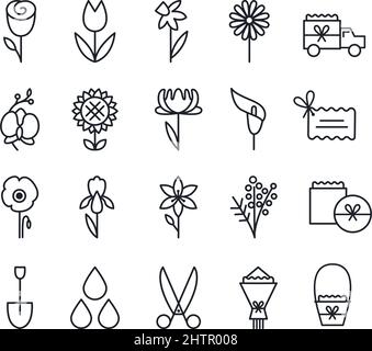 Icon set of flowers. Gardening and flowers delivery Stock Vector