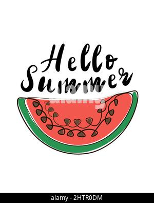 Vector summer juicy watermelon isolated on white background. Lettering hello summer. Colored lineart for your design. Stock Vector