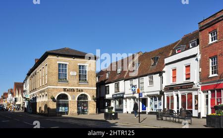 Old Town Hall Building and Shops in the High Street, Ware, Hertfordshire, England, UK Stock Photo