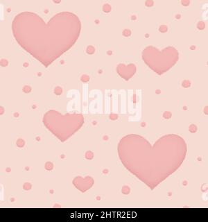 hearts and dots with texture effect of pink chalk or crayon seamless pattern in cute style. Stock Vector