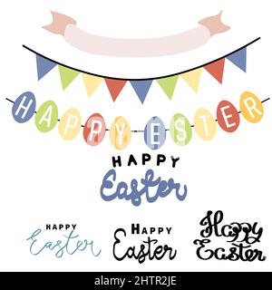 Easter set with holiday inscriptions and flags. Happy Easter greetings text. Design for title for the site ,banner, poster, card, paper print Stock Vector