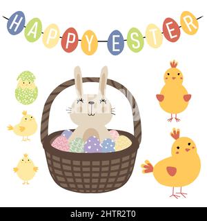 Easter set with a basket of eggs and a rabbit, a chicken with little chick. Happy Easter greetings text. Design for title for the site ,banner, poster Stock Vector