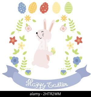 Easter set with eggs, bunnies and flowers in pastel colors. Happy Easter greetings text. Design for title for the site ,banner, poster, card, paper