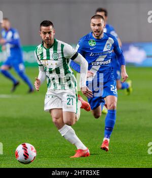 BUDAPEST, HUNGARY - FEBRUARY 19: Jose Marcos Marquinhos of Ferencvarosi TC  reacts during the Hungarian OTP Bank Liga match between MTK Budapest and Ferencvarosi  TC at Hidegkuti Nandor Stadium on February 19