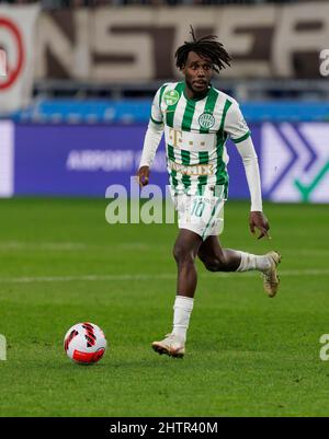 BUDAPEST, HUNGARY - FEBRUARY 19: Jose Marcos Marquinhos of Ferencvarosi TC  reacts during the Hungarian OTP Bank Liga match between MTK Budapest and Ferencvarosi  TC at Hidegkuti Nandor Stadium on February 19