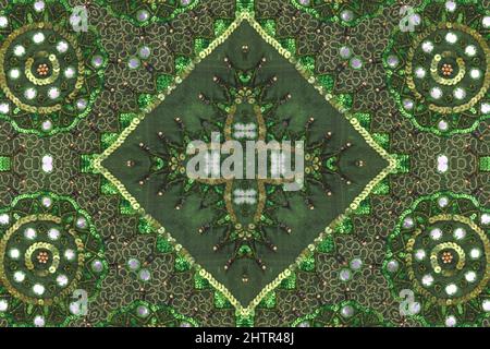 Green Abstract Beaded Cloth Background From India Stock Photo