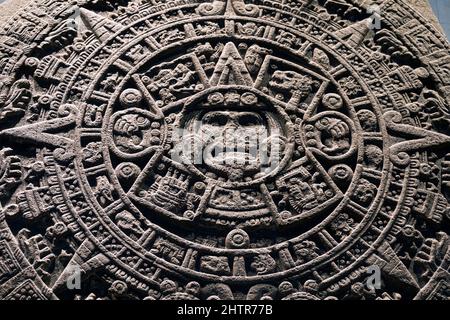 Mexico, Mexico City, The Aztec sun stone (Spanish: Piedra del Sol) is a late post-classic Mexica sculpture housed in the National Anthropology Museum Stock Photo