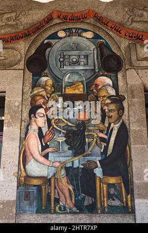 Wall Mural, 'Wall Street Banquet', Painted by Diego Rivera, 1928, Secretariate of Education Building, Mexico City, Mexico Stock Photo