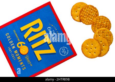 Box of Ritz limited edition the Original cracker, savoury biscuits crackers celebrating 60 years of golden moments opened to show contents on white Stock Photo
