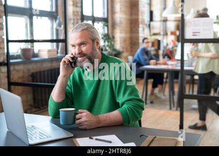Bearded businessman in casual clothing sitting at his workplace in front of laptop and talking on mobile phone while drinking coffee Stock Photo