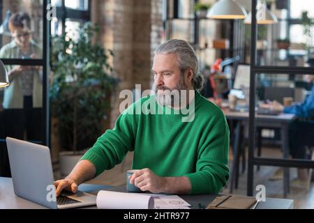 Bearded office worker using laptop in his work, he working at office at his workplace Stock Photo