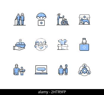 Charity and donations - modern line design style icons set with editable stroke. Elderly care, volunteering, humanitarian aid, animal shelter, medicin Stock Vector