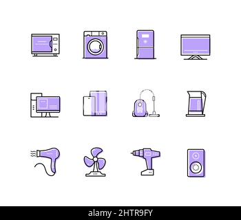 Household appliances - modern line design style icons set with editable stroke. Electric household. Microwave oven, washing machine, refrigerator, TV, Stock Vector