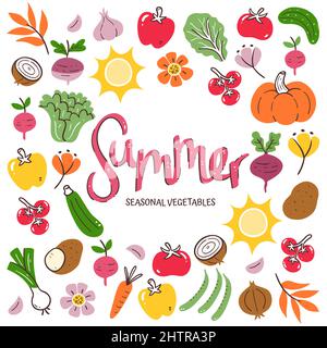 Seasonal vegetables background. Summer vegetables composition made of colorful hand-drawn vector icons, isolated on white background. Stock Vector