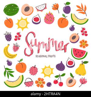 Seasonal fruits background. Summer fruit composition made of colorful hand-drawn vector icons, isolated on white background. Stock Vector