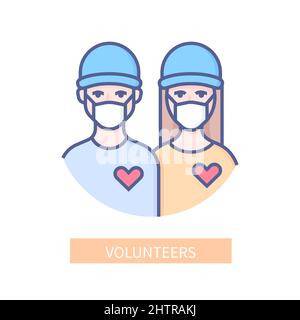 Volunteers - modern colored line design style icon on white background. Neat detailed image of a boy and a girl in protective masks who want to help t Stock Vector