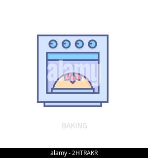 Baking - modern colored line design style icon on white background. Neat detailed image of kitchen appliances for cooking. A stove with a cake in it. Stock Vector