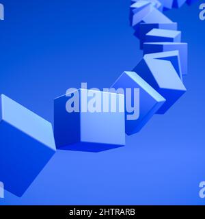 Abstract image of blue cubes in a row along an invisible line reaching from the foreground to the background. Stock Photo