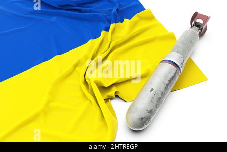 Concept of war between Russia and Ukraine. 3d illustration Ukraine flag and nuclear with clipping path. Stock Photo