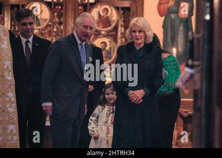 Westminster, London, UK. 02nd Mar, 2022. Charles, Prince of Wales and Camilla, Duchess of Cornwall visit a church service at the Ukrainian Cathedral in Mayfair, London, this afternoon, welcomed by Bishop Kenneth Nowakowski and the Ukrainian ambassador to the UK, Vadym Prystaiko. Credit: Imageplotter/Alamy Live News Stock Photo