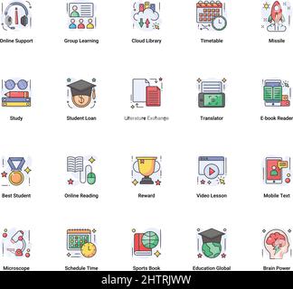 Online Education vector color flat icons suitable for websites, mobile apps, and any other project. Fully Editable Stroke. 128x128 Pixel Perfect. Stock Vector