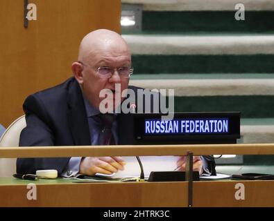 New York, United States. 02nd Mar, 2022. Russian Ambassador to the United Nations Vassily Nebenzia speaks from his chair as the Eleventh Emergency Special Session on the Ukraine Russia conflict continues in General Assembly Hall at United Nations Headquarters in New York City on Wednesday, March 2, 2022. Russian forces are continuing their attempted push through Ukraine from multiple directions. Photo by John Angelillo/UPI Credit: UPI/Alamy Live News Stock Photo