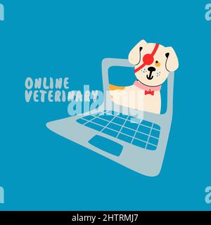 Online veterinary. Happy puppy with a medical bandage on his eye. A disabled dog peeks out of a laptop. Vector illustration. Stock Vector