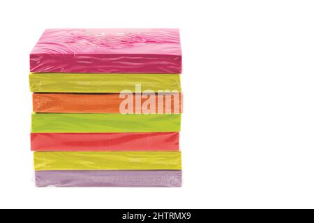 Close up view of colorful postal note packages on white background. Stock Photo