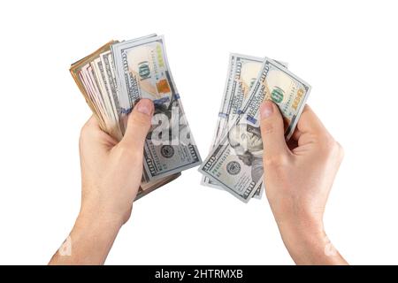 Hands counting American money isolated on white background. Financial savings, salary payment. US dollar notes. High quality photo Stock Photo