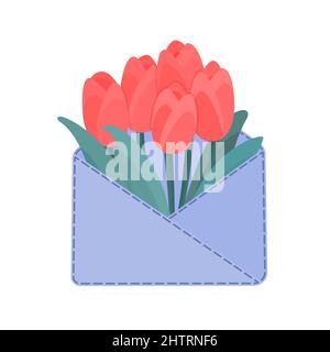 Beautiful tulips inside the festive envelope. Spring floral bouquet. Concept of happy letter in flat style Stock Vector