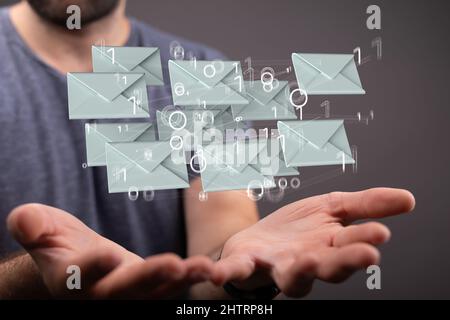 A 3D rendering of approved email and spam message displayed on a futuristic interface floating Stock Photo