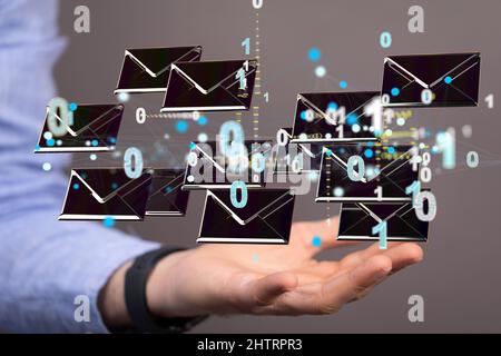 3D rendering of approved email and spam message displayed on a futuristic interface floating Stock Photo