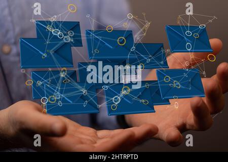 3D rendering of approved email and spam messages displayed on a futuristic interface floating Stock Photo