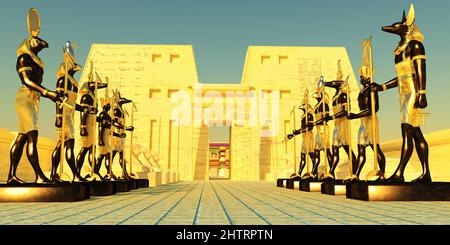 Several Egyptian god statues and sphinx line the entrance to a sacred temple in Egypt. Stock Photo