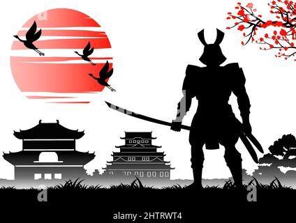 Japanese art with ancient design of samurai holding sword near emperor castle,vector illustration Stock Vector