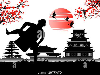 Japanese art with ancient design of sumo do fighting action near emperor castle,vector illustration Stock Vector
