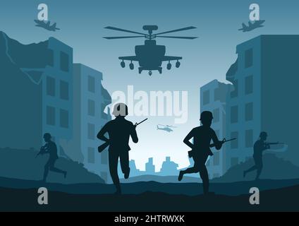 Background of war in situation of the battle between destroyed city,vector illustration Stock Vector