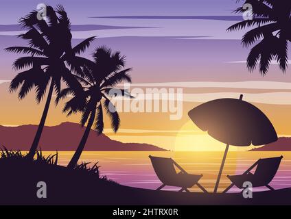 Silhouette art design of sea on sunset time and palm trees,vector illustration Stock Vector