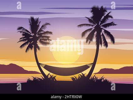 Silhouette art design of sea on sunset time and palm trees with a hammock,vector illustration Stock Vector