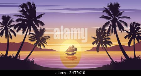 Silhouette art design of sea on sunset time and palm trees,vector illustration Stock Vector