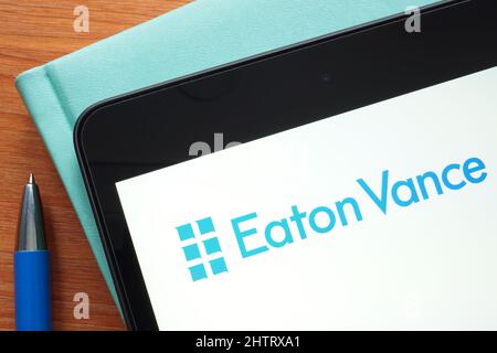 KYIV, UKRAINE - January 27, 2022. Device with Eaton Vance Corp logo. Stock Photo