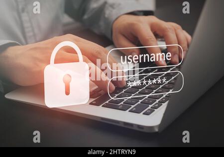 Network security concept, security systems. Hands typing on keyboard Stock Photo