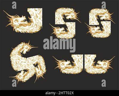 Sketch of dragon symbols in pastel tones on a black background. Golden dragon symbols in the form of letters or jewelry for textiles or prints, etc. Stock Photo