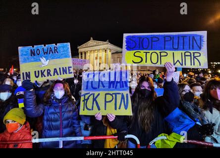 Munich, Bavaria, Germany. 2nd Mar, 2022. Feeling a duty to denounce war due to the city's role in the rise of the Third Reich, 45,000 people from around the world assembled at Koenigsplatz in Munich, Germany to protest the invasion of Ukraine by Russia. (Credit Image: © Sachelle Babbar/ZUMA Press Wire) Stock Photo